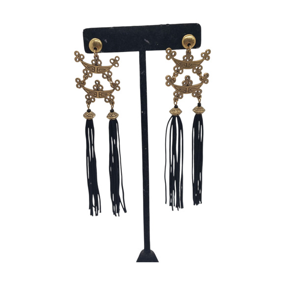 Asian Inspired Dangle Earrings Gold Tone Black Tassel Long Drop Pierced Fringe - Picture 4 of 12